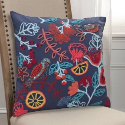 20"x20" Oversize Poly Filled Floral With Bird Square Throw Pillow Dark Blue - Rizzy Home -Online Home Decor GUEST a5e4401b 272d 4880 9dd9 bc2fb2d0fb2d