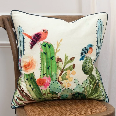 20"x20" Oversize Cactus Birds Poly Filled Square Throw Pillow - Rizzy Home: Embroidered, Indoor Decorative 5 20"x20" Oversize Cactus Birds Poly Filled Square Throw Pillow - Rizzy Home: Embroidered, Indoor Decorative - Image 5